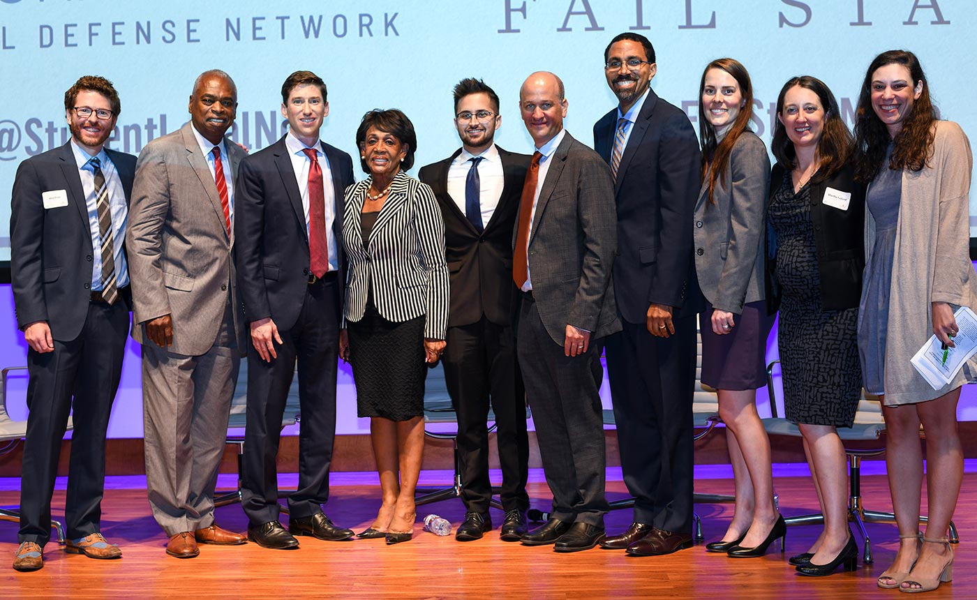 FROM LEFT TO RIGHT:  Alex Elson, Prof. Wade Henderson, Aaron Ament, Rep. Maxine Waters, Alex Shebanow, Dan Zibel, Former U.S. Sec. of Education John B. King, Jr., Robyn Bitner, Martha Fulford, Jillian Berman. (September 4, 2018, Student Defense Annual Event & Fail State DC Premier, Carnegie Institution for Science, Washington DC.) 